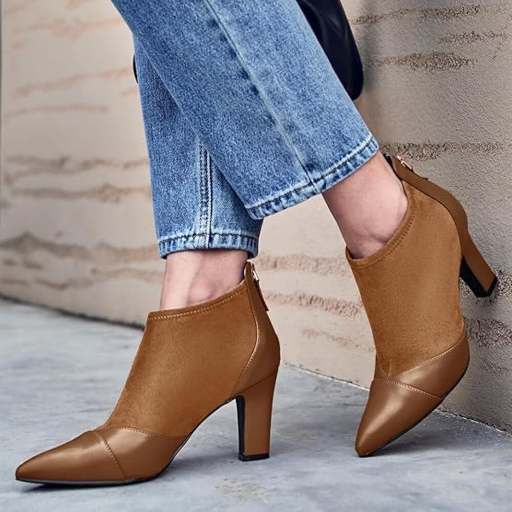 Womens Ankle Booties Dress Boots Pointed Toe Stiletto High Heel-Brown